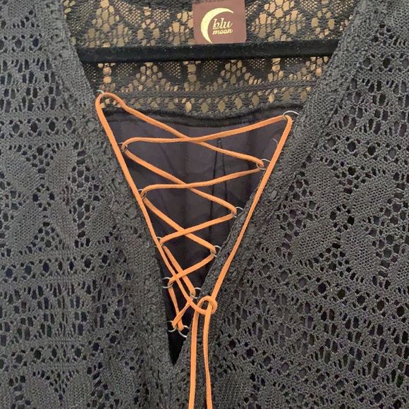 Lacey Crochet Black Flare Sleeve Tie Dress - Picture 2 of 5